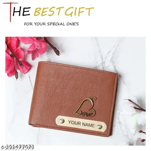 Tan faux leather custom name wallet for men, personalize with textured design and 5 compartments