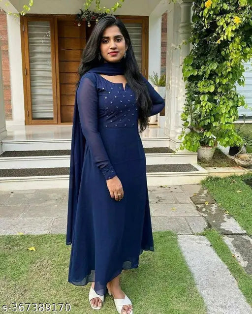 Georgette embroidered designer kurta dress with dupatta, heavy fox georgette with mirror work, long sleeves, micro cotton inner, various sizes available, Indian origin