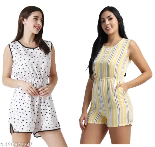 White-yellow striped crepe sleeveless short jumpsuit on mannequin, style-conscious women's fashion