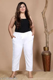 White Plus Size Solid Highrise Cotton Lycra Jumbo Pant with Side Pocket, stretchable trousers for women