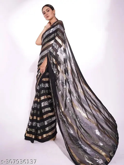 Party wear saree, black embroidered handloom georgette