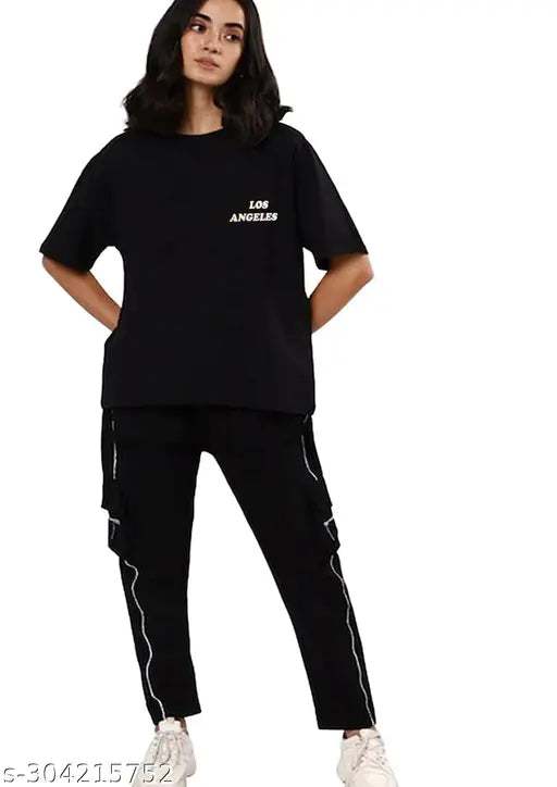 Black round neck t-shirt for women with white logo print on front