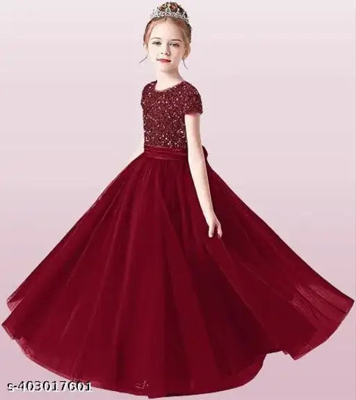 Embellished net party dress for girls, short sleeve embroidered work long gown, velvet and net fabric, dry clean, size 5-6 years