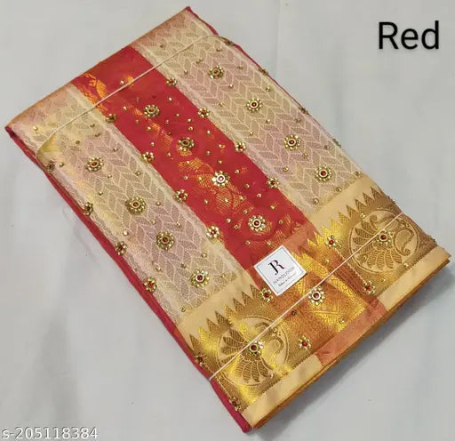 Red, gold and black embroidered contrast pallu saree for women's formal wear