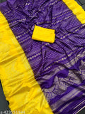 Vivid yellow and purple geometric print foil saree, possibly silk or georgette fabric