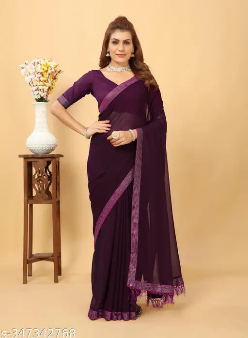 Shibori georgette silk saree with lace print and blouse, dark blue with contrasting lace pattern