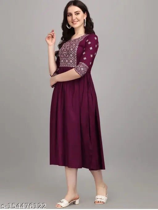 Embroidered rayon Anarkali kurti, three-quarter sleeves, Indian embroidery on traditional silhouette