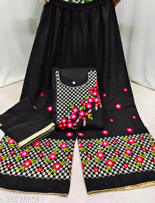 Black Rayon Kurta and Palazzos Set, embroidered floral pattern, A-line fit, three-quarter sleeves, casual chic