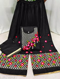 Black Rayon Kurta and Palazzos Set, embroidered floral pattern, A-line fit, three-quarter sleeves, casual chic