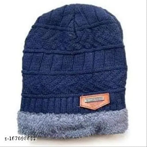 Dark navy blue winter beanie, soft wool material, unisex design