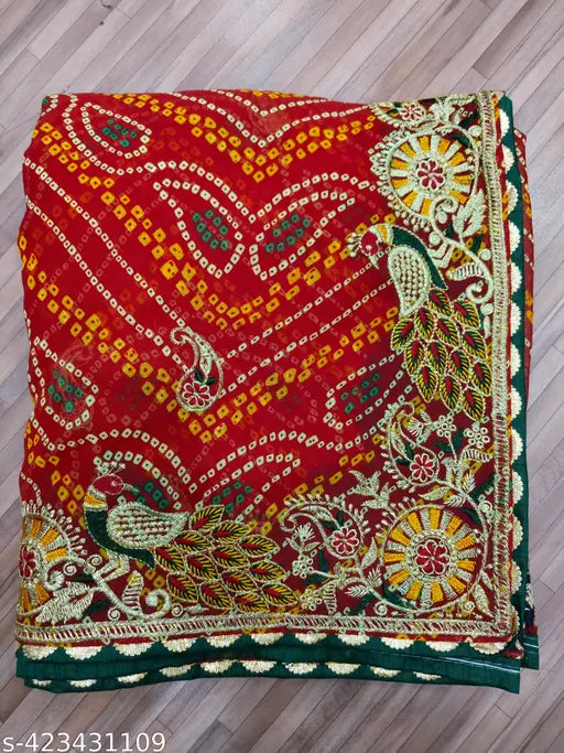 Red and green paisley bandhani saree