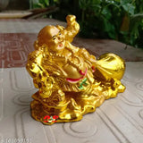 Gold Laughing Buddha with Money Potli for Wealth and Business (Vastu/Feng Shui) - 8cm x 10cm x 6cm brass statue
