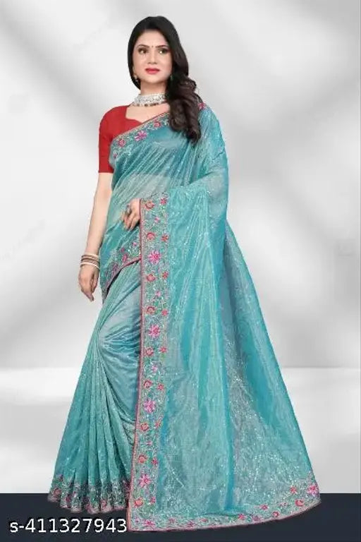 Embellished super net saree with separate art silk blouse, free size, India-origin