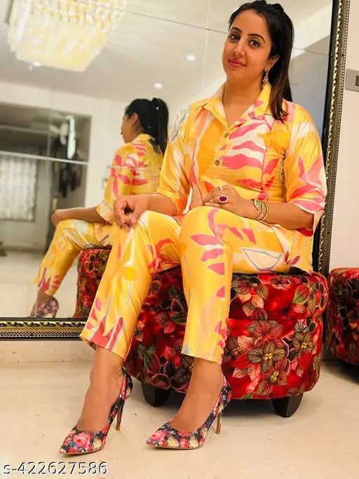Yellow satin floral print 2-piece coord set for women, satin fabric, long sleeves