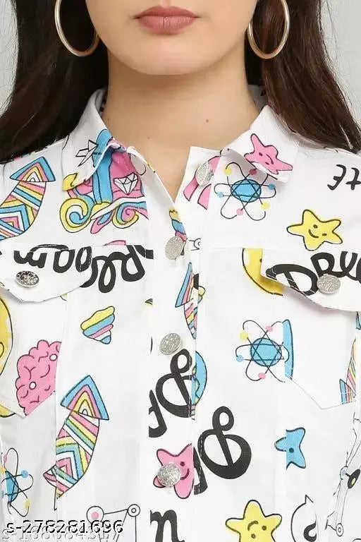 Denim long sleeves printed women's jacket, solid pattern, button closure - India