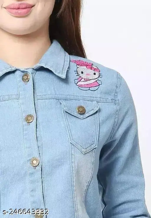 Light blue denim Hello Kitty jacket, printed pattern for women's sizes S-XL, made in India