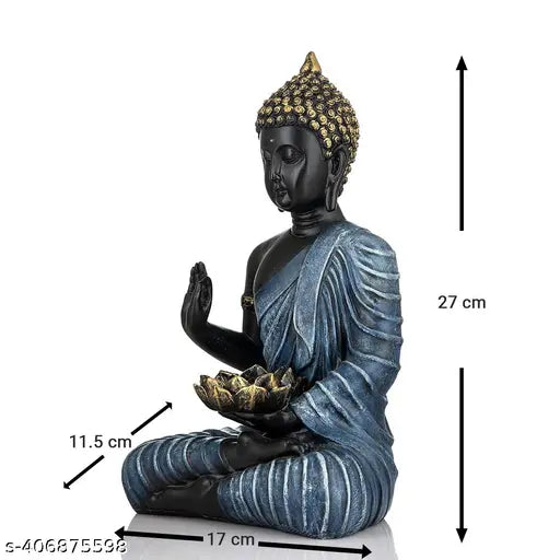 Polyresin Gautam Buddha statue with t-lite holder, 16.5cm x 26.5cm x 11.5cm, indoor/outdoor feng shui showpiece for living room decor
