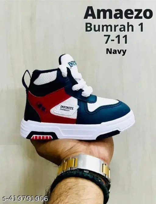 Blue, white, and red sneaker with navy straps