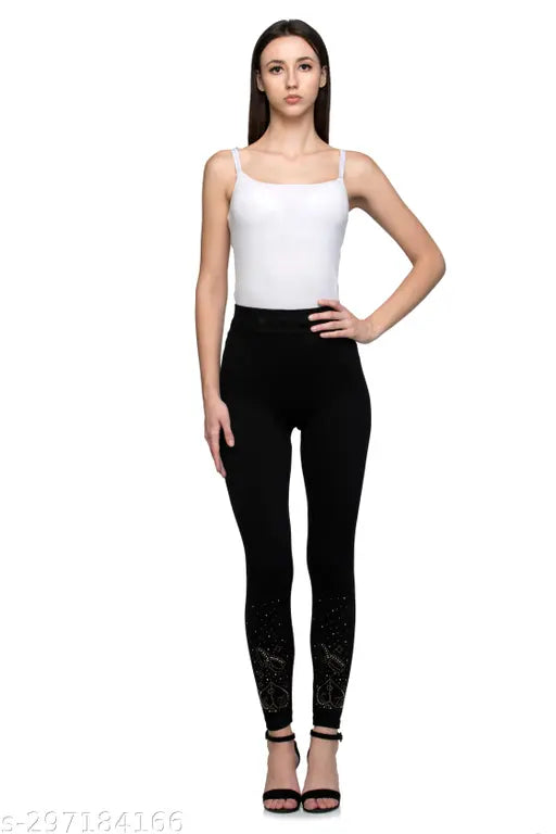 Embellished net Lycra jeggings for girls and women, Indian-made Lambency fancy stone design jeggings on model