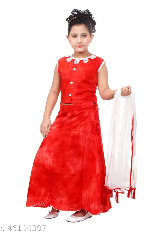 Cotton blend sleeveless lehenga top with leheriya print for girls, fashion club printed lengha and top on display