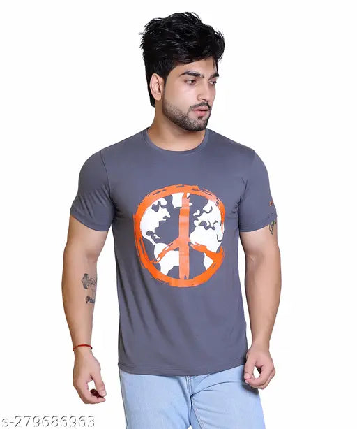 Starfox Men'S Steel Grey Half Sleeve Round Neck Graphic Print Cotton Blend Tshirt