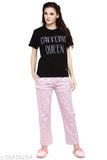 Punk pink women's pajama set, round neck coffee hearts print on black and punk pink, printed nightsuit