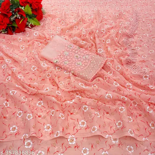 Chiffon floral saree with net sequin blouse, India-origin, free size (length 5.4m, blouse 0.8m)