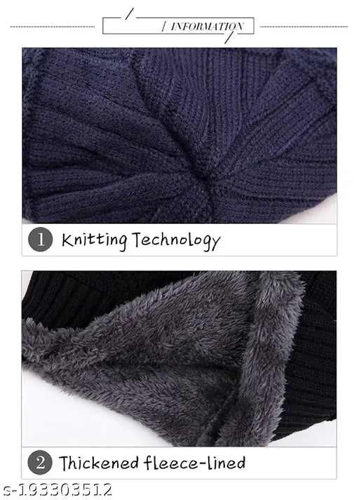Blue fur wool knitted beanie cap & neck warmer muffler - premium snow proof, thick fleece lining, criss-cross basket weave design