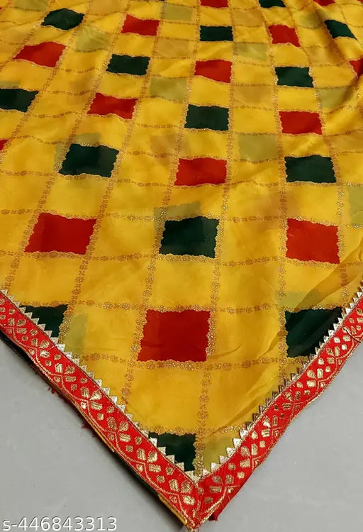 Georgette yellow striped saree with checks and border, Diwali festival, Peacock Saree trending new arrival, Chhath pooja festive attire