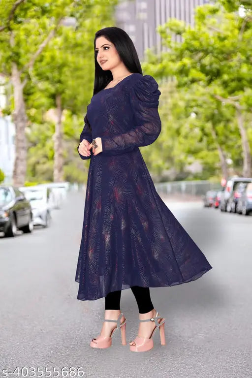 Western Blue Georgette Long Sleeve Solid Kurti for Women, M (Bust 38in, Length 42in), Trendy Party Wear