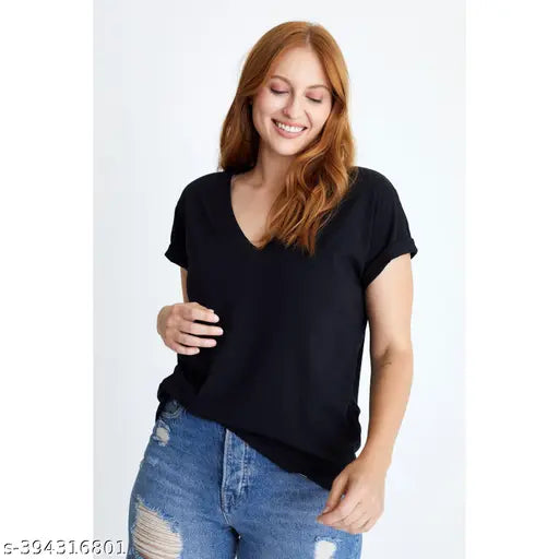 Viscose solid black t-shirt, women's short sleeves by Color Capital