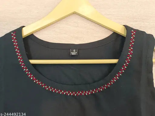 Rayon sleeveless black embroidered kurta for women, single solid pattern, India origin