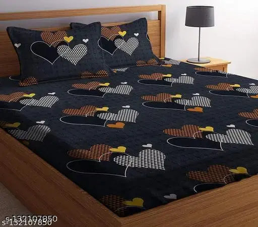 Queen size double bedsheet with yellow and black hearts, black cotton fabric