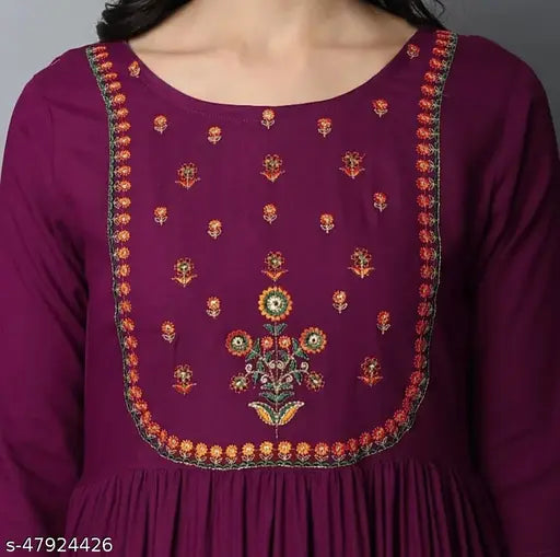 Embroidered Rayon Long Kurta, three-quarter sleeves, Indian women's fashion