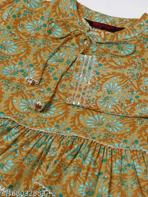 Mustard cotton tunic with printed pattern, three-quarter sleeves for women