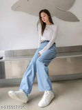 Blue denim jeans with wide cuffs and high waist