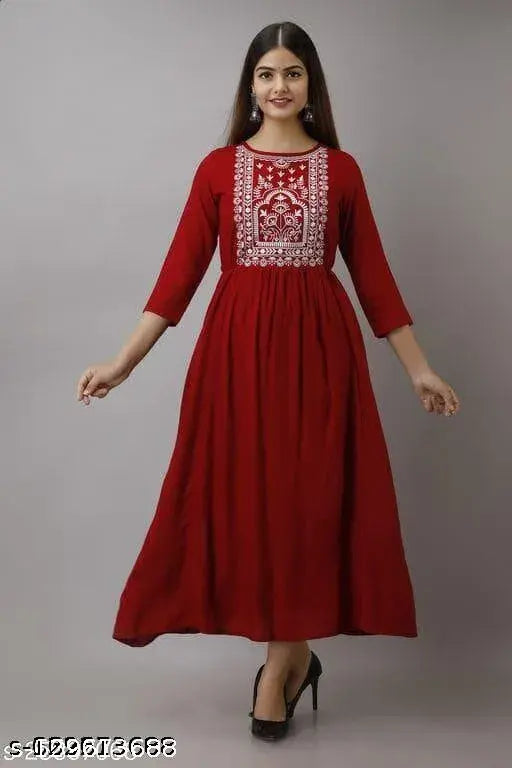 Trendy rayon embroidered gown for girls, three-quarter sleeves, vibrant Indian design
