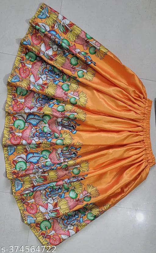 Kid satin lehenga choli set with animal print, short sleeves and net stitching for girls aged 5-10 years