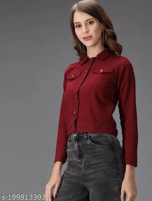 Denim solid-pattern women's trendy jacket with long sleeves, size N from India