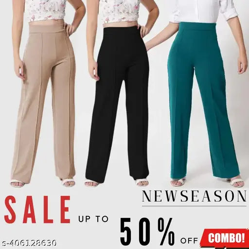 Classic And Stylish cotton blend high-rise bell-bottom trousers for women combo - solid color, vintage-inspired design from India