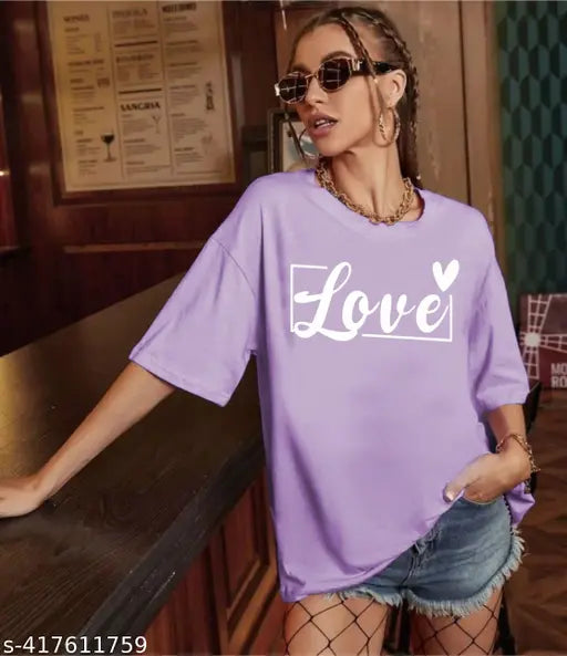 Purple cotton oversized t-shirt for women and girls with 'love' printed on it