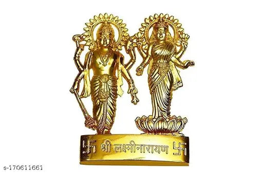 Graceful metal Laxmi-Narayan idols, intricate Indian god figurines, 10cm x 10cm x 7cm