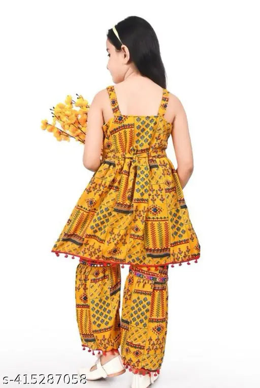 Yellow and red mixed cotton blend palazzo pants with sleeveless top and dupatta for girls - traditional Indian ethnic wear for weddings and festivals. Soft cloth, self-design, and comfortable fit with drawstring closure