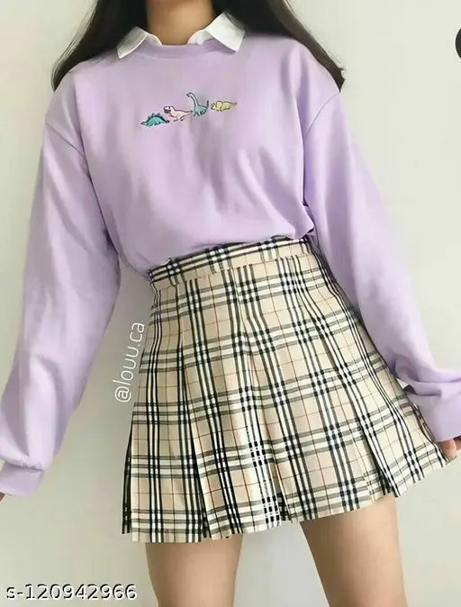 Purple plaid pleated high-waisted skater skirt