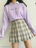 Purple plaid pleated high-waisted skater skirt