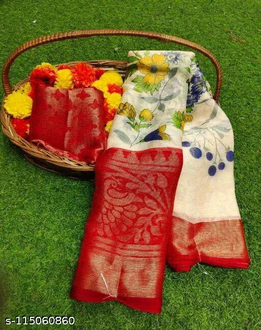 Chiffon Brasso Kalavati saree, single piece in free size with printed zari woven net blouse and running blouse, traditional Indian attire