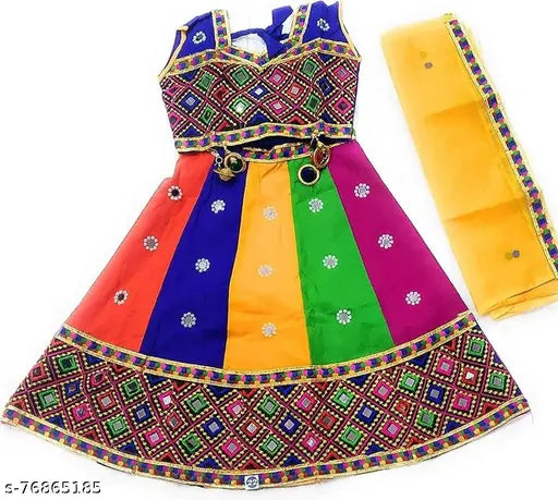 Multicolor kids' Lehenga Choli set, traditional cotton applique party wear with embroidered detail, 6-7 years size