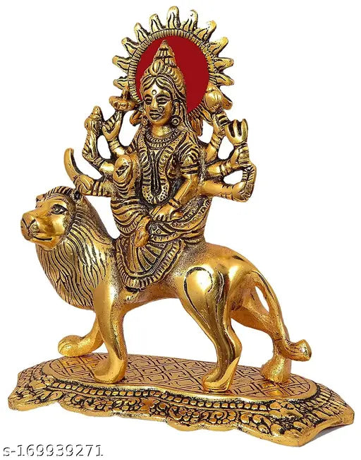Mini golden Durga idol, Durga Ambe Rani showpiece, Hindu religious decoration, metal figurine