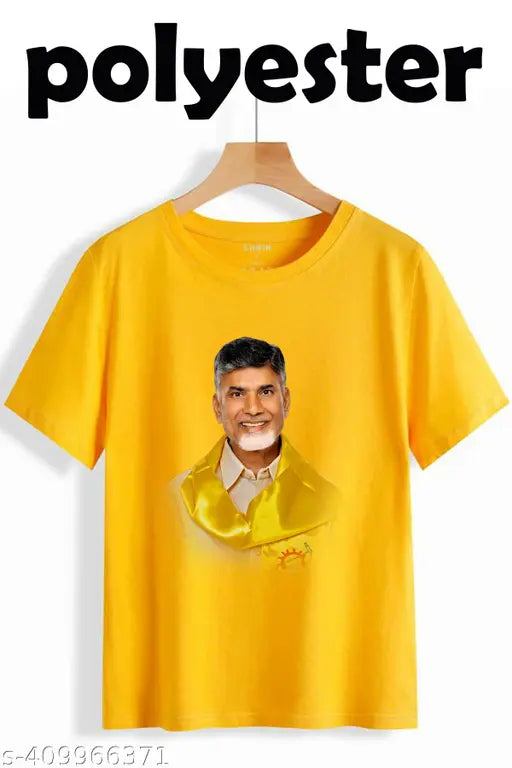Yellow printed net short sleeve t-shirt for men, featuring CBN Nara Chandra Babu Naidu TDP design. Made from polyester