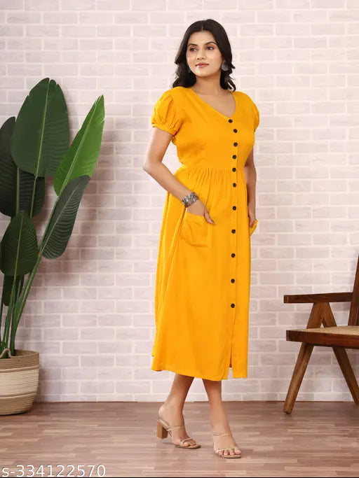 Mustard Rayon Slub Front Open Style Kurta, trendy long gown with high-low hem, versatile neckline & sleeves